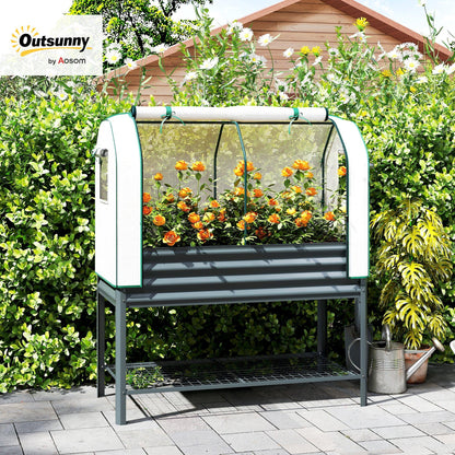 Outsunny Galvanised Raised Garden Bed with Greenhouse Cover, Metal Elevated Garden Bed with Legs, Bed Liner and Bottom Shelf, Outdoor Raised Planter Box for Vegetables, Herbs, Flowers, Dark Gray