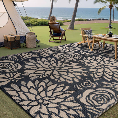 WondRg Outdoor Plastic Straw Rug Waterproof Patio 9x12 Black Brown Floral Mat for Porch Camping RV Balcony Deck Courtyard Reversible Lightweight Durable Portable Carpet