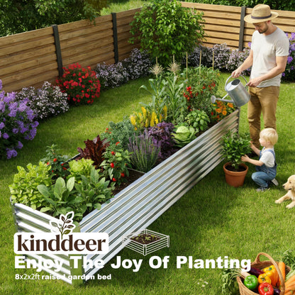 Kinddeer 8x2x2ft Raised Garden Bed Kit, Galvanized Planter Garden Boxes Outdoor, Metal Raised Garden Beds for Vegetables,Fruits, Flower,Silver