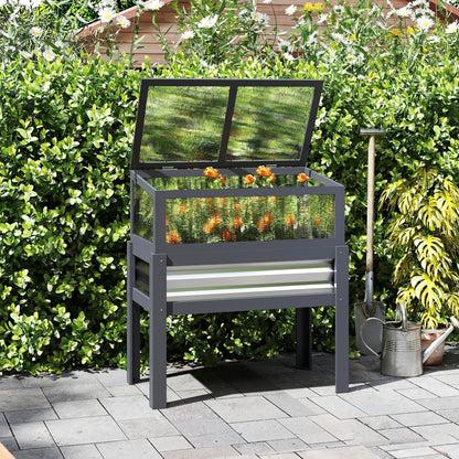 Outsunny Wooden Raised Garden Bed with Flip-Up Greenhouse Top, Raised Garden Bed with Legs and Bed Liner, Elevated Planter Box for Flowers, Vegetables, Herbs, Gray