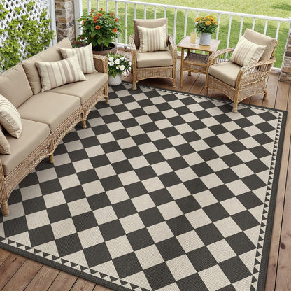 HUGEAR 8x10 Outdoor Rug Black/Beige Linen-Look Fabric Checkered Area Rug High Traffic Stain Resistant Easy Clean Durable Rugs for Indoor/Outdoor Patio Deck Balcony Porch Garden Courtyard