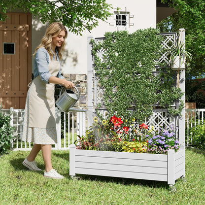 Fancyango Raised Garden Bed with Trellis and Wheels, Resin Planter Box with Trellis with Drainage Holes & Water Monitor, Privacy Planters for Patio for Climbing Plants, Ashen(2 Pack)