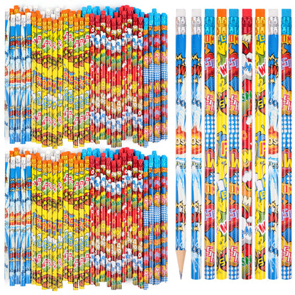 Kolewo4ever 200 Pieces Hero Text Pencils Cylinder Wood Pencils Pow Snap Wham Bang Elements Pencil 4 Style Assorted Students Pencil for Classroom Rewards Carnival Prizes