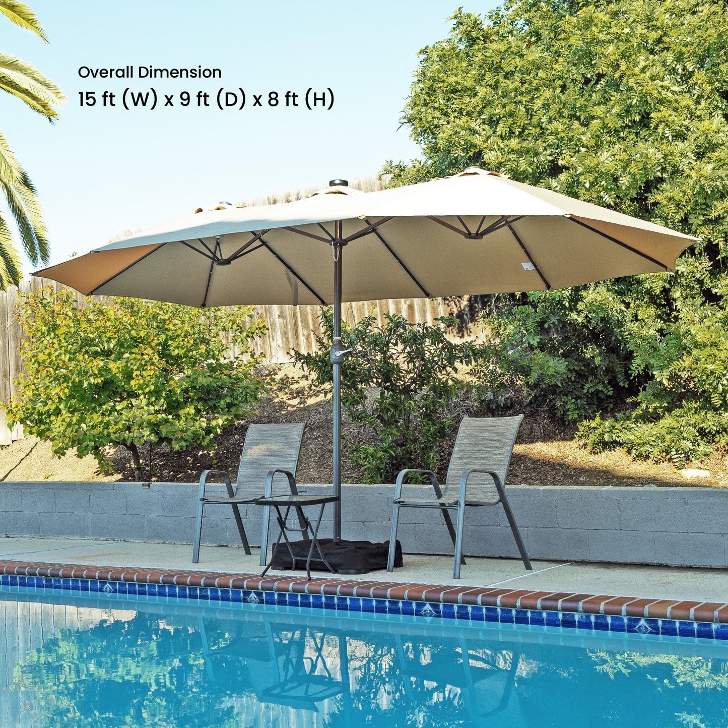 Home Zone Living 15x9 Ft Double Head Patio Umbrella with Base, 36 LED Lights, Sand Bags, UV Resistant & Waterproof, 213 LBS Total Weight, Beige Tan